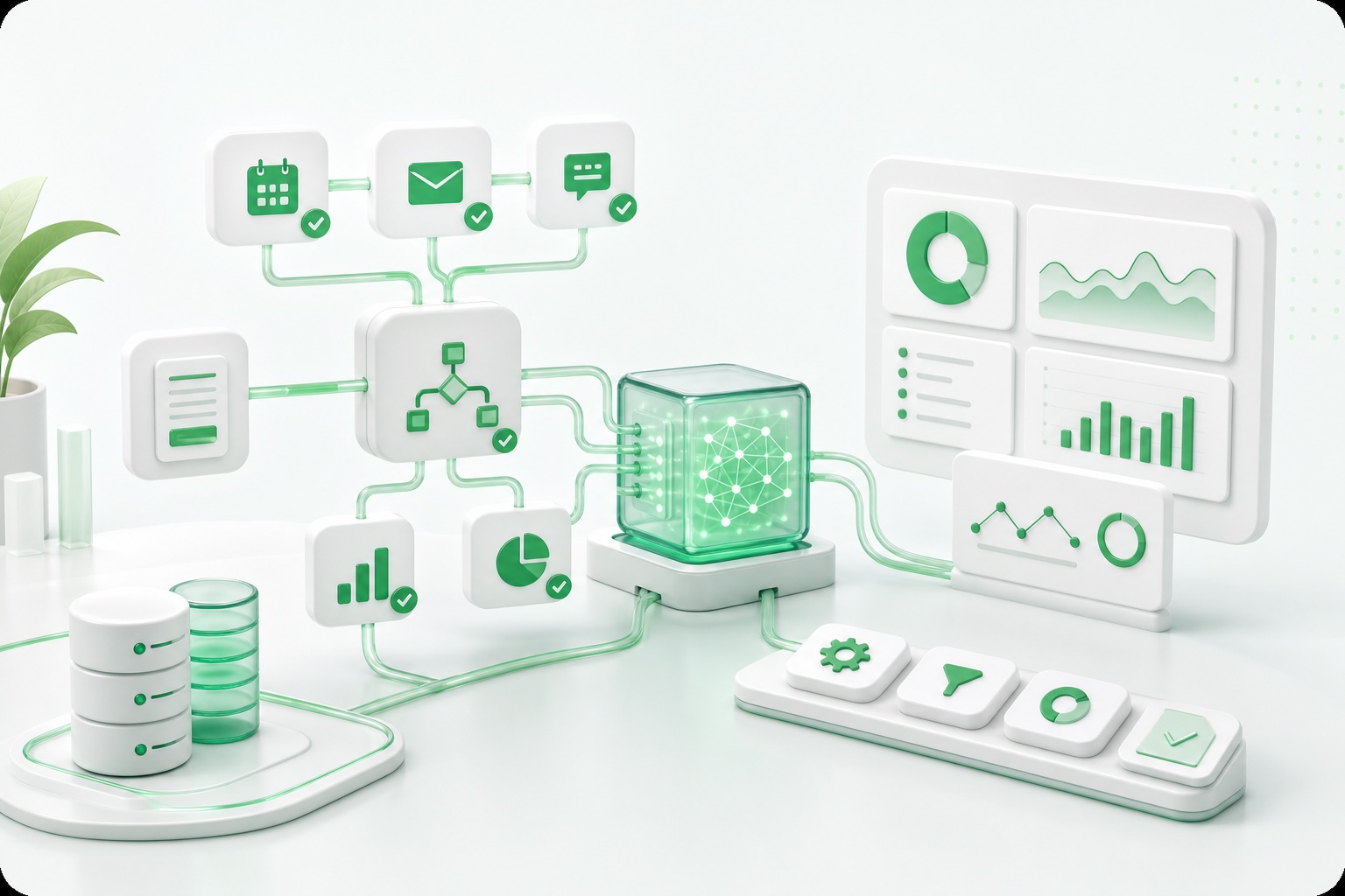 Workflow automation nodes connected to reporting and data systems